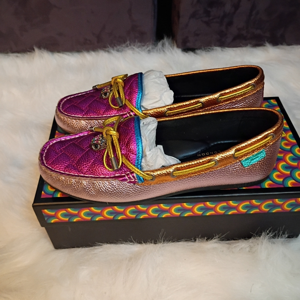 Kurt Geiger Vibrant Eagle Moccasins with Gold Bow NEW IN THE BOX - Picture 8 of 12